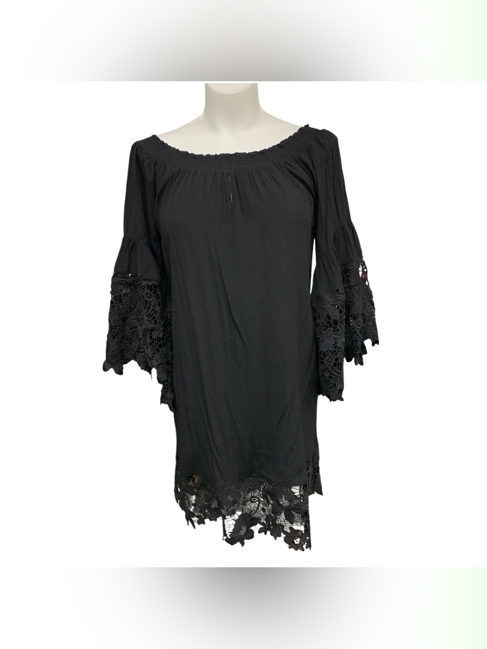 Muche Muchette Black Off-Shoulder Tunic with Lace Hem and Bell Sleeves Size S